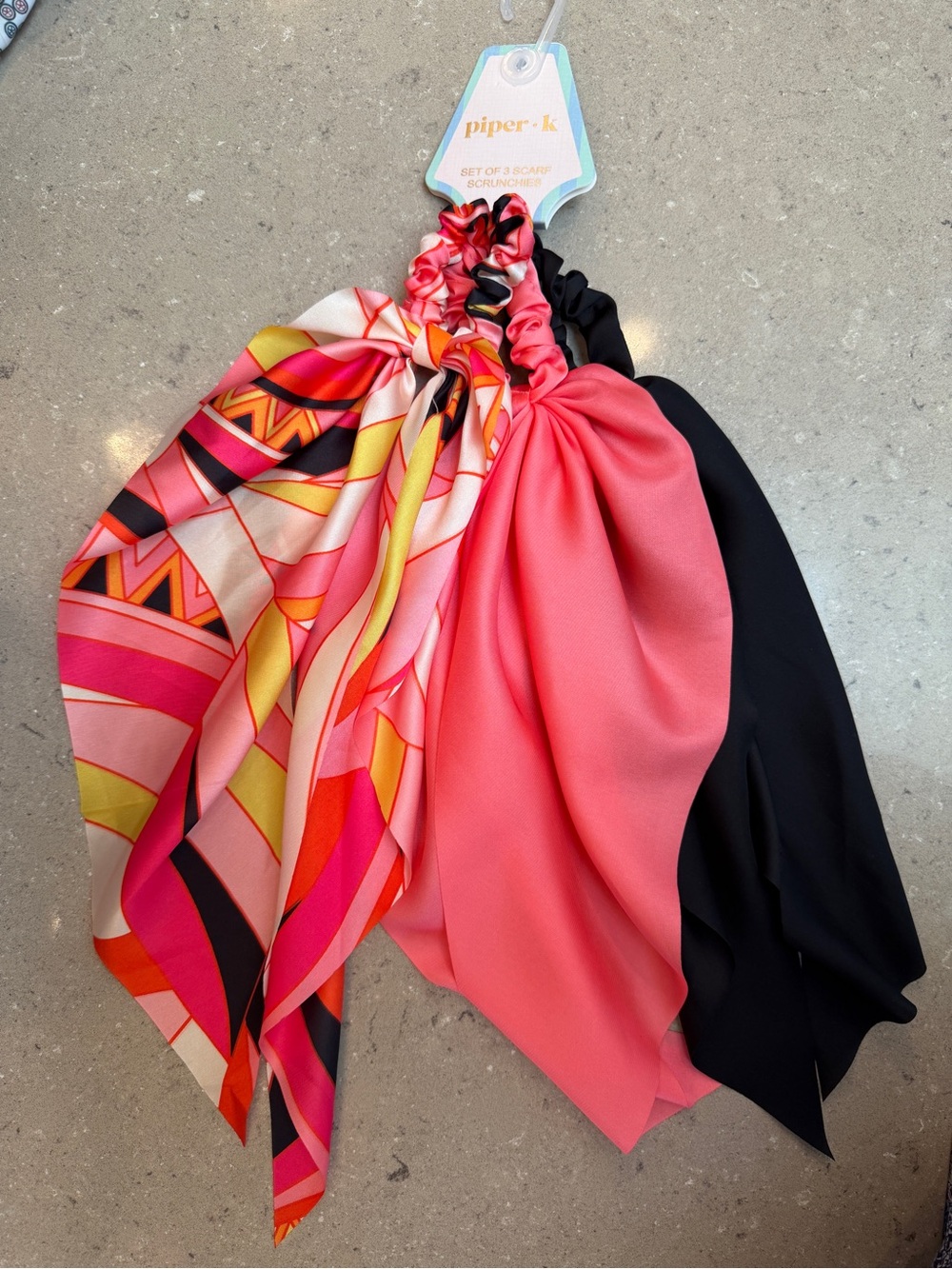 NWT piper•k Scarf Scrunchie Set - Pink, Patterned Pink, Black - add style w ease